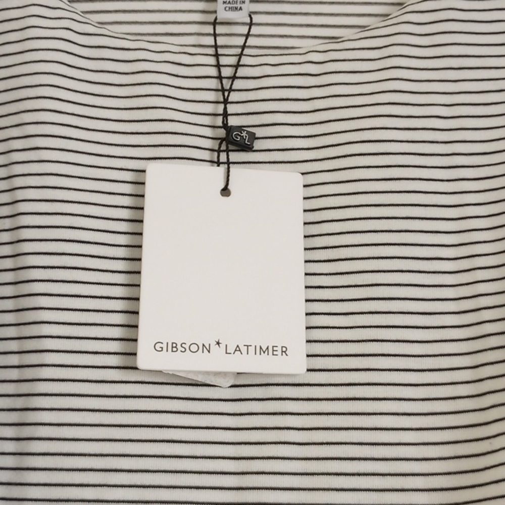 Gibson Latimer Womens Midi Dress Sz L Black & White Striped Scoop Neck Ruched - Picture 5 of 10